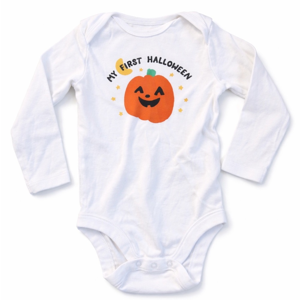 Old Navy White Long-Sleeve Baby Bodysuit with Orange Pumpkin - My 1st Halloween